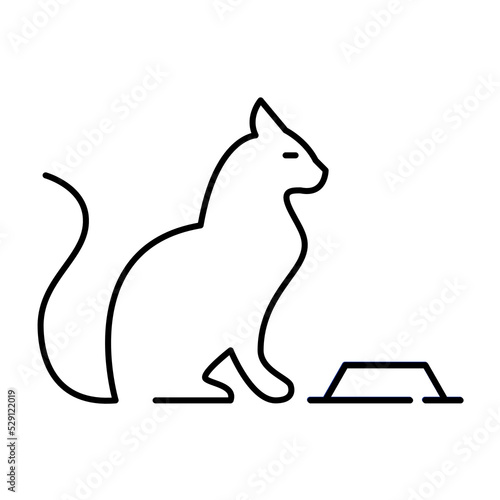 Cat sitting in front of a food bowl. Pet supplies icon. Pixel perfect, editable stroke line 