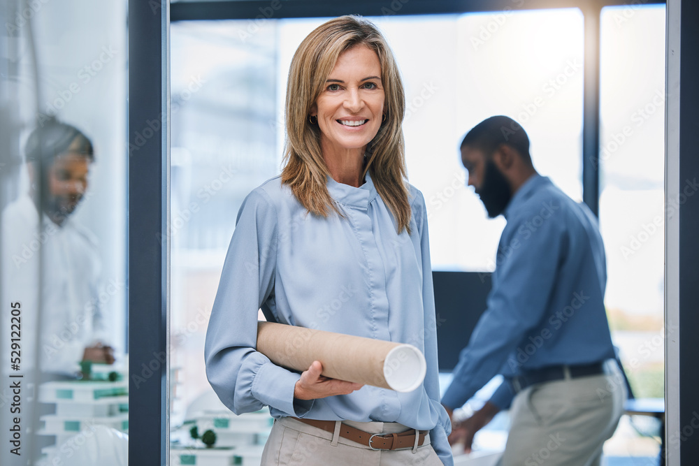 Fototapeta premium Architecture, woman and engineer with blueprint of building floor plan, architectural and project development in the office. Happy, smile and engineering designer working on a smart and creative idea