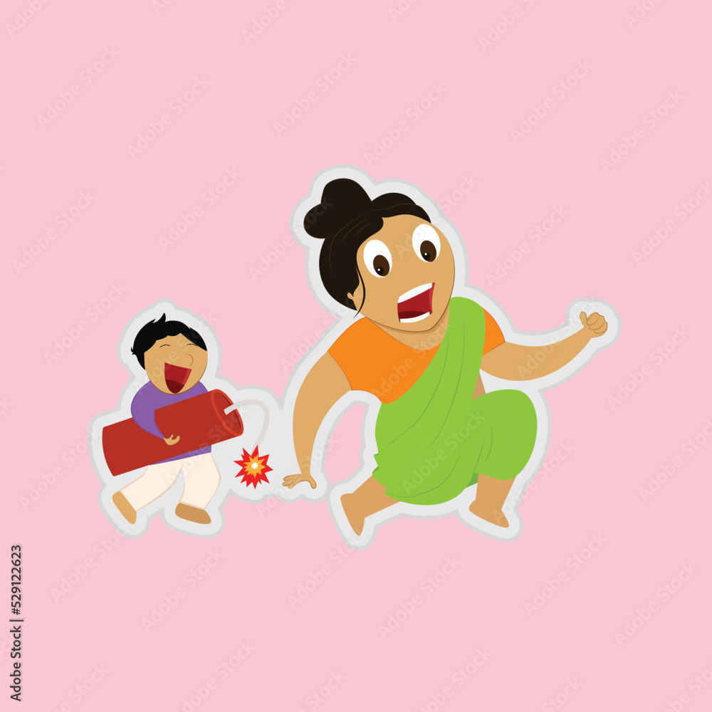 Sticker Style Diwali Funny Character Of Shouting Little Boy Running With Burning Firecracker Bomb Behind Indian Woman Over Pink Background.
