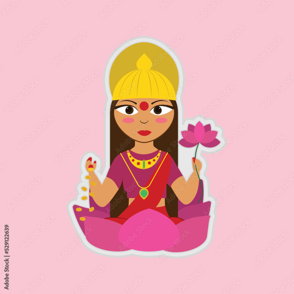Sticker Style Maa Lakshmi Over Pink Background.