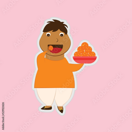 Cartoon Sticker Of Indian Young Fatty Man Eating Laddu From Sweets Ball Plate Over Pink Background.