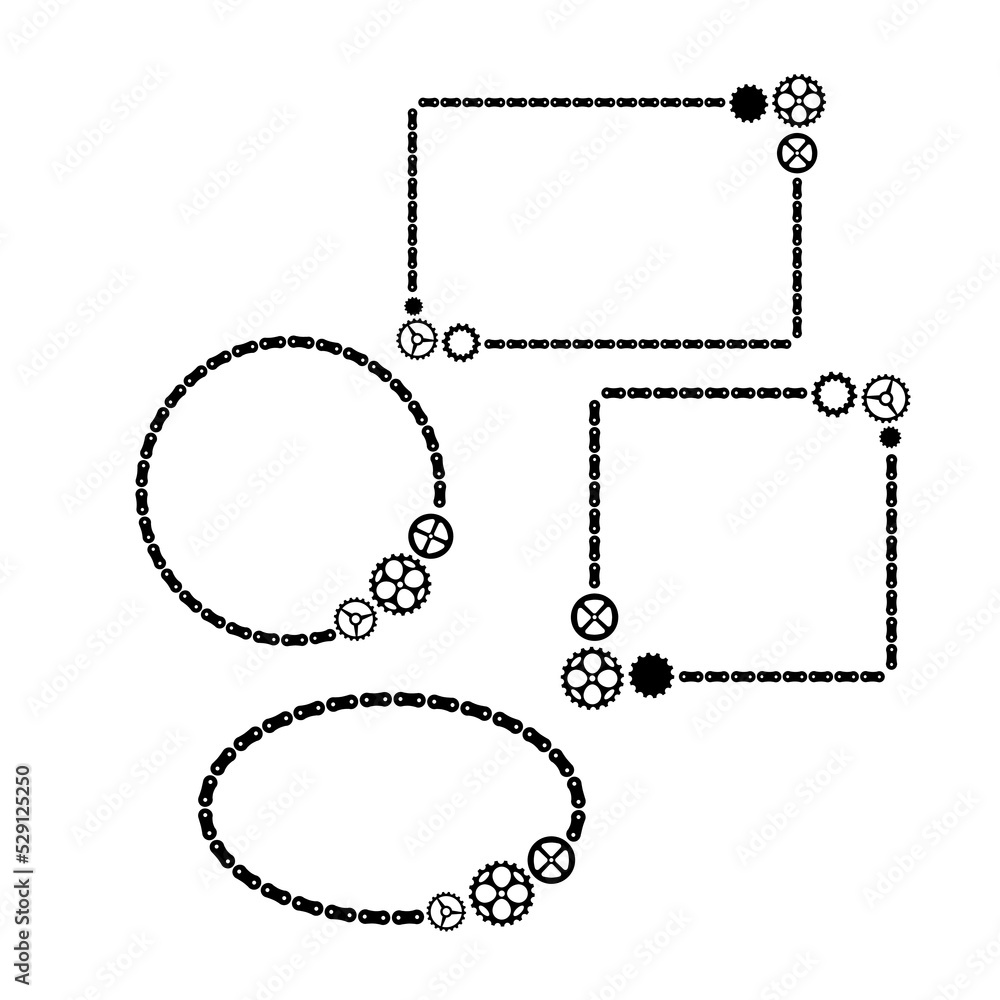 Frames and borders set made of bicycle chain and tools and chain rings. Square, rectangle, circle, ellipse. Vector illustration Frames and borders set made of bicycle chain and tools and chain rings. Square, rectangle, circle, ellipse. Vector illustration