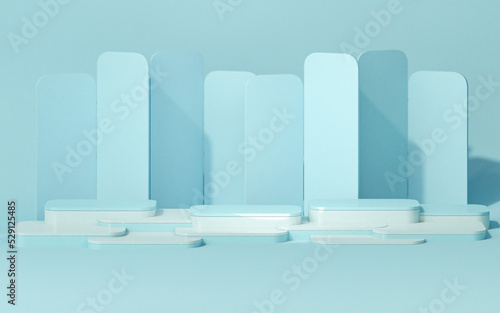 Minimal scene with stage podium and abstract background. Pastel blue and white colors scene. Trendy 3d render for social media banners, promotion, cosmetic product show. Geometric shapes interior.  © Tiviland