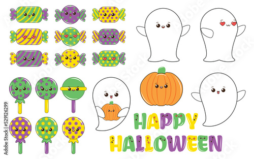Cute Kawaii Halloween Character set. Halloween kawaii clipart and sticker collection. Halloween character set in cartoon comic style. Vector set of Cute Kawaii Halloween Character.