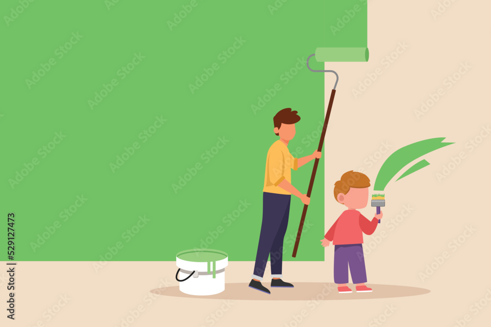 Little boy helping his father to paint wall at home. Concept of helping parents at home. Flat vector illustrations isolated. Little boy helping his father to paint wall at home. Concept of helping parents at home. Flat vector illustrations isolated.