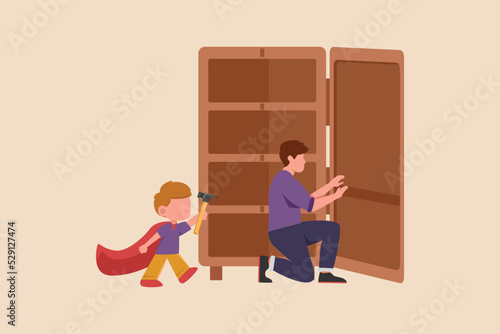 Little boy with hammer helps his father assemble the wardrobe at home. Concept of helping parents at home. Flat vector illustrations isolated.