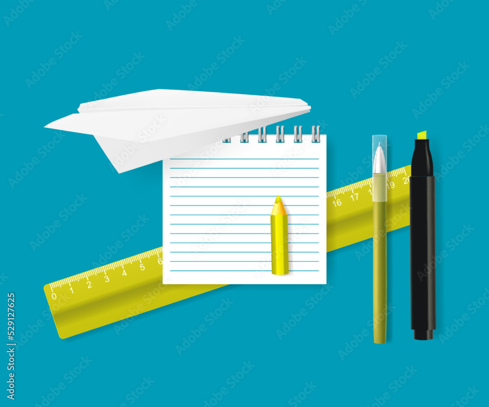 Template with school supplies and spiral block note. Color pencils, ruler, notepad and paper plane. 3d objects in a realistic style. Back to school template Template with school supplies and spiral block note. Color pencils, ruler, notepad and paper plane. 3d objects in a realistic style. Back to school template
