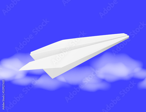 Paper plane in the cloudy sky. Blue sky background and flying paper plane. Vector illustration