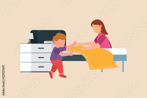 Little boy helps his mother make bed at home. Concept of helping parents at home. Flat vector illustrations isolated.