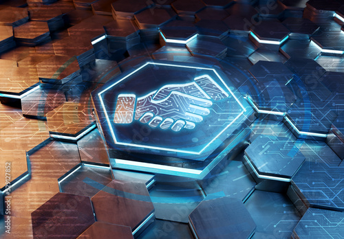 Handshake icon concept engraved on metal hexagonal pedestral background. Partnership logo glowing on abstract digital surface. 3d rendering