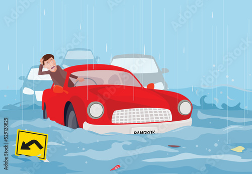 Traffic jam and there is flood the way, vector illustration and flat design.