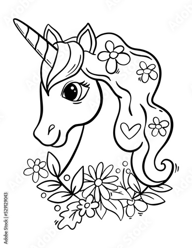 Magical unicorn coloring pages for kids and adults. Outline horse illustration.