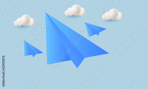unique realistic three blue paper airplane clouds minimal 3d design isolated on background.Trendy and modern vector in 3d style.
