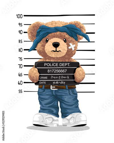 Hand drawn teddy bear cartoon in gangster style arrested posing for mugshot