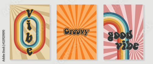 Collection of 70s wall art background vector. Set of retro wall decoration, groovy, trippy, colorful line, fonts. Vintage hippie poster for interior, decorative, banner, cover, wall design.
