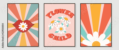 Collection of 70s wall art background vector. Set of retro wall decoration, groovy, lips, fonts, colorful line, flowers. Vintage hippie poster for interior, decorative, banner, cover, wall design.