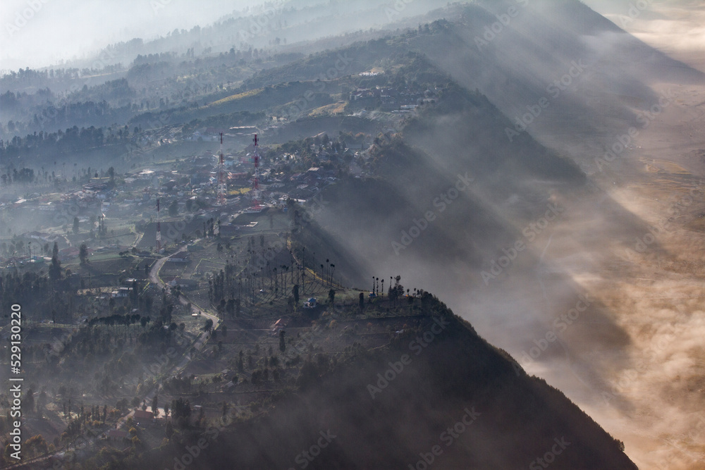 Morning view of Cemoro Lawang village, East Java, Indonesia. background wallpaper. high quality photo. raw