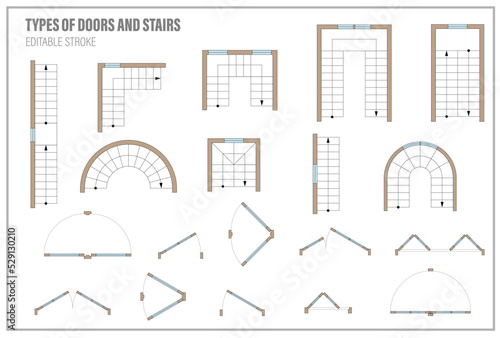 Architectural elements set for floor plan top view. Kit of icons for interior project. Door, stair for scheme of apartments. Construction symbol, graphic design element, blueprint. Vector illustration