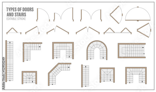 Set of doors and stairs for floor plan top view. Kit of icons for interior project. Architectural elements for scheme of apartments. Construction symbol, graphic design element, blueprint. Vector