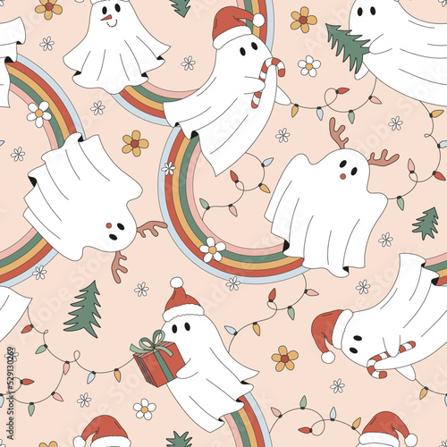 Retro 70s 60s Hippie Groovy Christmas Ghost Flower Rainbow Garland vector seamless pattern. Xmas Floral Santa Reindeer Snowman spook background. Trippy dancing ghosts surface design.