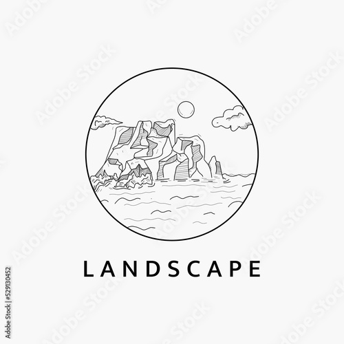 Minimalist beach landscape logo line art illustration template design