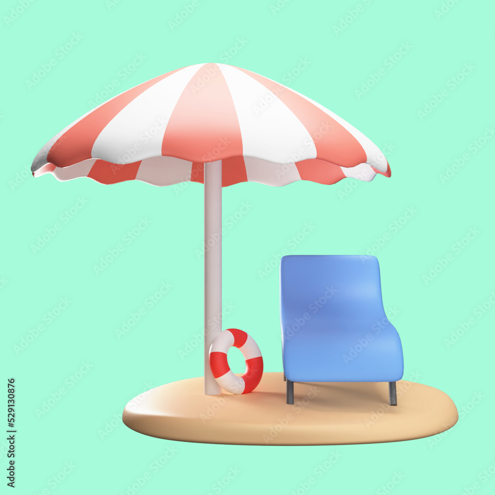 3D Illustration Of Umbrella, Swimming Ring With Chair Beach Pastel Green Background. 3D Illustration Of Umbrella, Swimming Ring With Chair Beach Pastel Green Background.