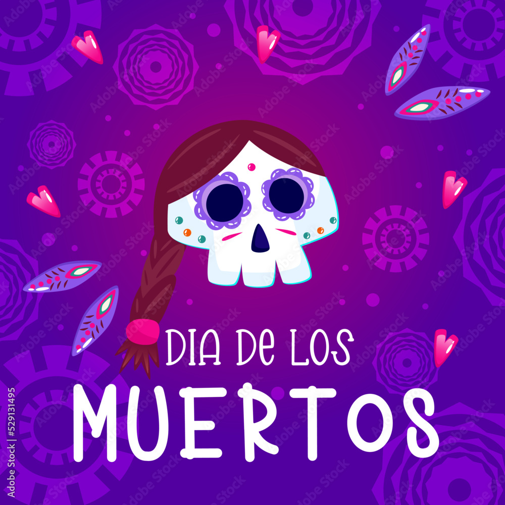 Muertos poster, day dead with skull on purple background. Halloween costume. Cartoon vector illustration. Holiday Muertos background. Mexico catrina skeleton poster