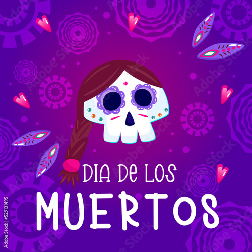 Muertos poster, day dead with skull on purple background. Halloween costume. Cartoon vector illustration. Holiday Muertos background. Mexico catrina skeleton poster