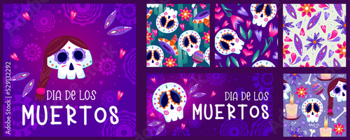 Muertos poster set, day dead with skull on purple background. Halloween costume. Cartoon vector illustration. Holiday Muertos background. Mexico catrina skeleton seamless pattern