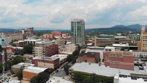 4K Drone Video of Kimpton Hotel Arras and Historic Jackson Building in Downtown Asheville, NC on Sunny Summer Day photo