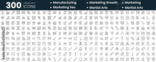 Set of 300 thin line icons set. In this bundle include manufacturing, marketing growth, marketing, marketing seo, martial arts