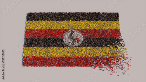 A Crowd of People coming together to form the Flag of Uganda. Ugandan Banner on White. photo