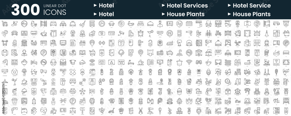 Set of 300 thin line icons set. In this bundle include hotel, hotel services, house plants, housekeeping - obrazy, fototapety, plakaty 