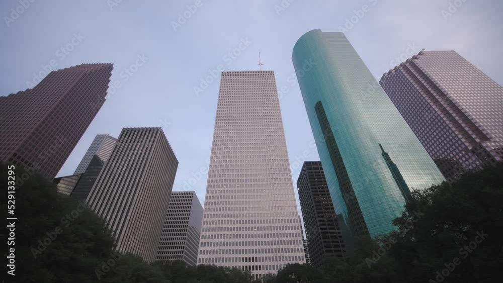 Low angle 4k view of downtown Houston skyscrapers Low angle 4k view of downtown Houston skyscrapers