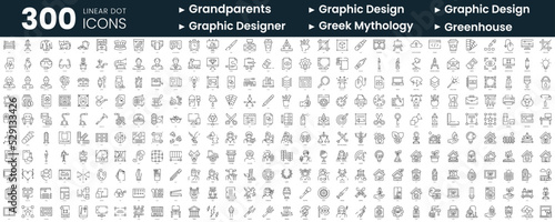 Set of 300 thin line icons set. In this bundle include grandparents, graphic design, greek mythology, greenhouse