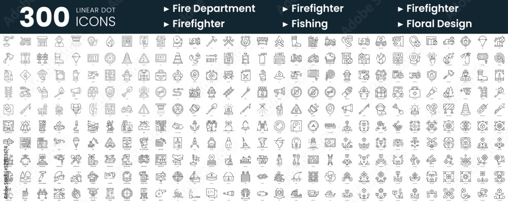 Set of 300 thin line icons set. In this bundle include fire department,  firefighter, fishing, floral design Stock Vector