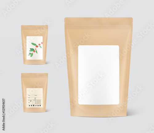 Kraft pouch bag mockup. Vector illustration with different labels. Perfect for your product. EPS10.