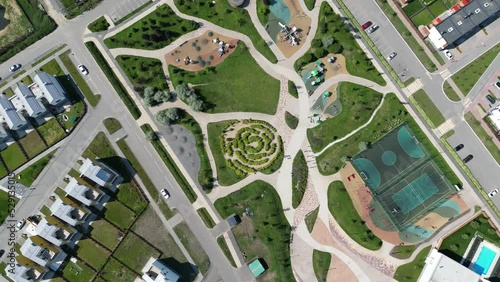 View of the new residential areas of the city from a drone. Apartment buildings and urban infrastructure