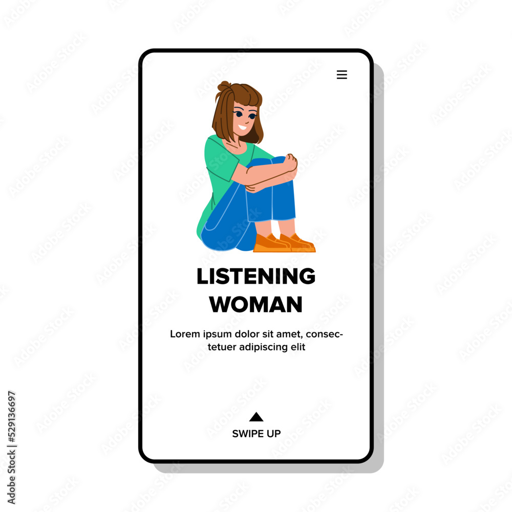 listening woman vector. girl listen, ear hear, person adult, sound female, music hand, happy young portrait listening woman character. people flat cartoon illustration