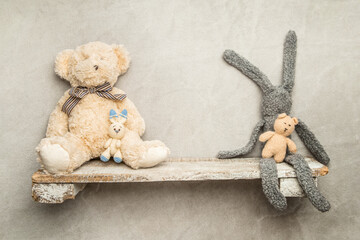 toys on a wooden shelf as digital backdrop or background for newborn baby photography, newborn photo setup and decorations. High quality photo