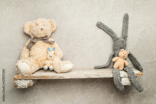 Canvas Print toys on a wooden shelf as digital backdrop or background for newborn baby photography, newborn photo setup and decorations