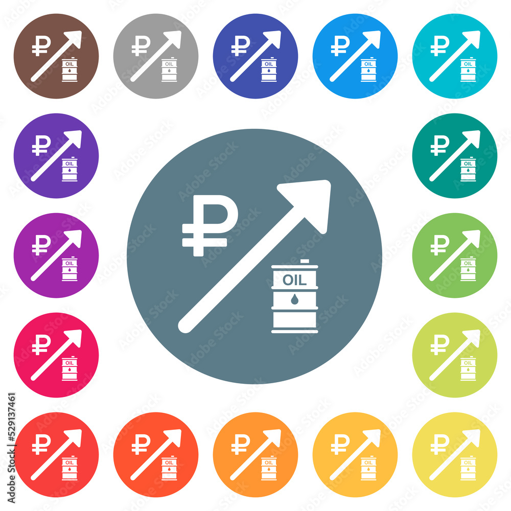 Rising oil energy russian Ruble prices flat white icons on round color backgrounds Rising oil energy russian Ruble prices flat white icons on round color backgrounds