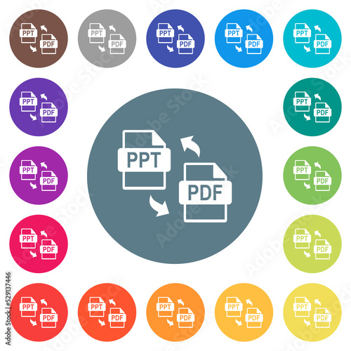 PPT PDF file conversion flat white icons on round color backgrounds