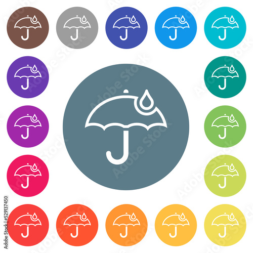 Umbrella with single raindrop outline flat white icons on round color backgrounds