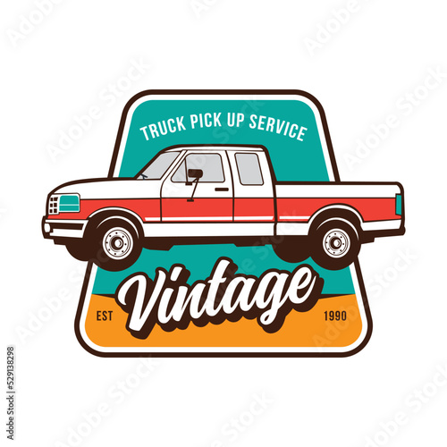 Vintage pickup truk vector illustration logo design, perfect for classic car club lover tshirt design