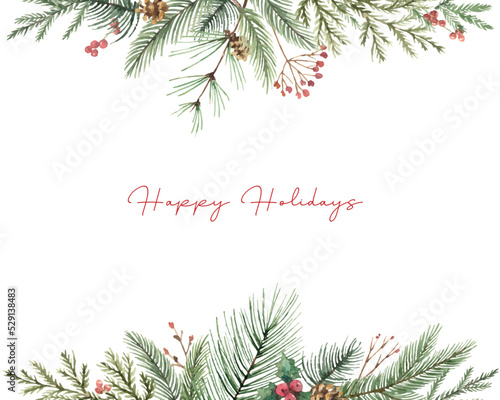 Watercolor vector Christmas banner with fir branches and place for text.