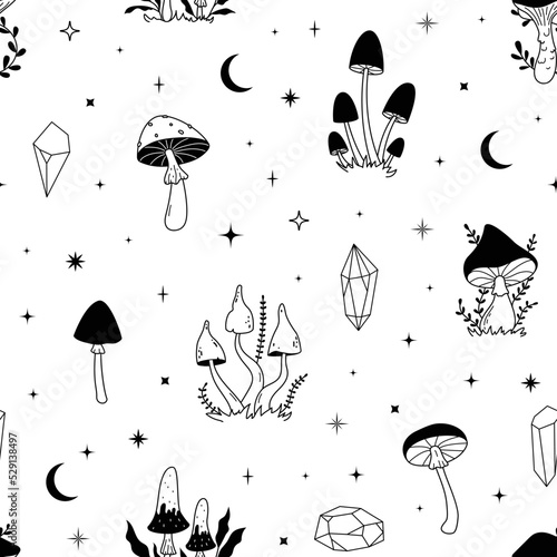 Celestial mushrooms seamless pattern with stars and crystals. Mystic line various edible and non-edible mushrooms