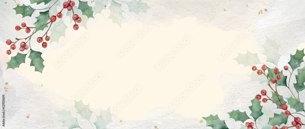 Watercolor Christmas vector background with green leaves and holly berries.