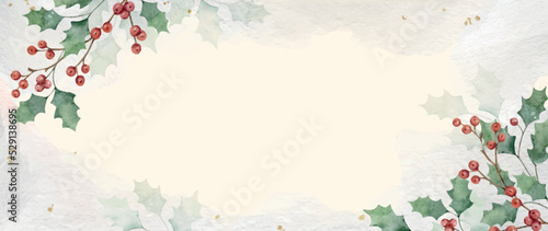Watercolor Christmas vector background with green leaves and holly berries.