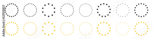Stars in circle icon. Stars in round circular emblem. Golden star vector icons. Yellow stars in the form of a circle. Vector illustration